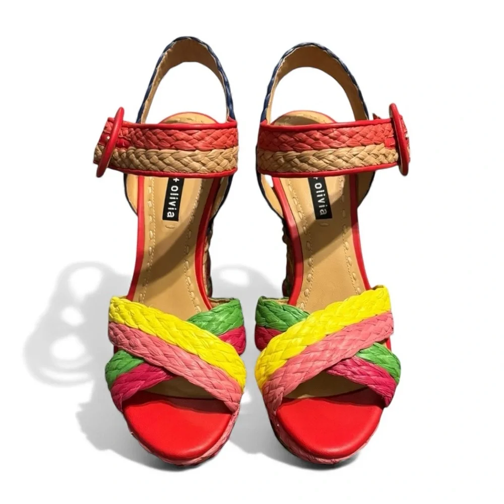 NEW Alice + Olivia Rainbow Espadrilles Raffia Platform Wedge Sandals Shoes 8.5 - Picture 1 of 9